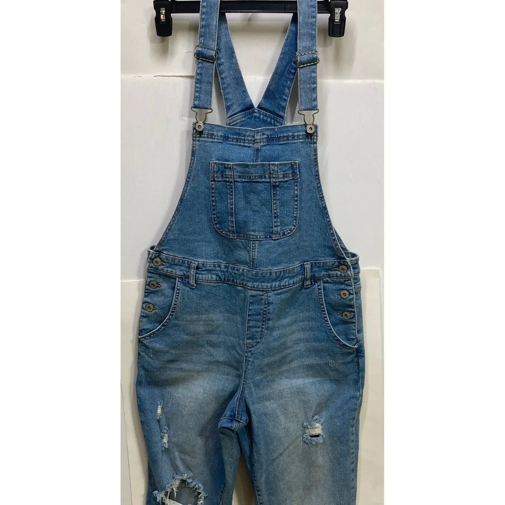 Style & Co Womens Medium Wash Distressed Denim Overalls‎ Skinny Leg Size M Blue